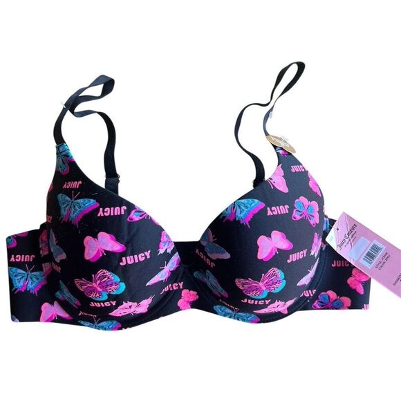Juicy Couture Other - Juicy Couture Black Butterflies Bra 36B Women Intimates Padded Push Up Underwire